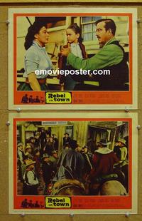 G064 REBEL IN TOWN 2 lobby cards '56 John Payne