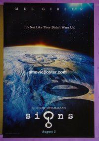 I018 SIGNS double-sided teaser one-sheet movie poster '02 M. Night Shyamalan, Mel Gibson