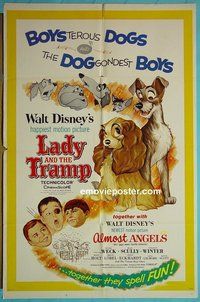 P990 LADY & THE TRAMP/ ALLMOST ANGELS one-sheet movie poster '62 Disney
