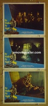 Y871 HE WALKED BY NIGHT 3 lobby cards '48 Basehart, Brady