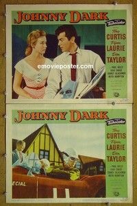 Z085 JOHNNY DARK 2 lobby cards '54 car racing, Tony Curtis