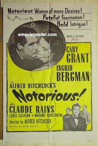 s035 NOTORIOUS one-sheet movie poster R49 Cary Grant, Bergman, Hitchcock