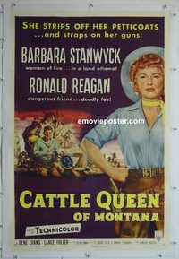 y321 CATTLE QUEEN OF MONTANA linen one-sheet movie poster '54 Stanwyck, Reagan