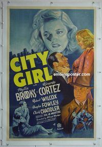 y322 CITY GIRL linen one-sheet movie poster '38 Phyllis Brooks, Cortez