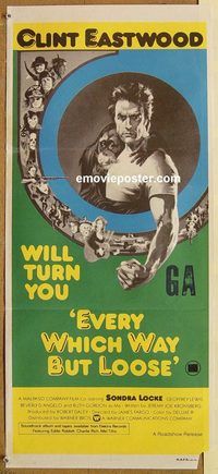 p345 EVERY WHICH WAY BUT LOOSE green/blue Australian daybill movie poster '78