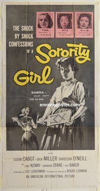 b939 SORORITY GIRL three-sheet movie poster '57 AIP, bad girl confessions!