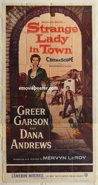 b955 STRANGE LADY IN TOWN three-sheet movie poster '55 Greer Garson, Andrews