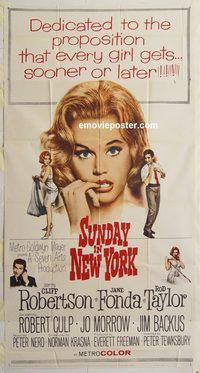 b961 SUNDAY IN NEW YORK three-sheet movie poster '64 Jane Fonda, Rod Taylor