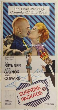 b964 SURPRISE PACKAGE three-sheet movie poster '60 Yul Brynner, Gaynor