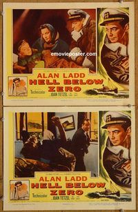 e136 HELL BELOW ZERO 2 vintage movie lobby cards '54 Alan Ladd, Joan Tetzel