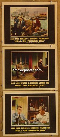 e315 HELL ON FRISCO BAY 3 vintage movie lobby cards'56 Alan Ladd, Ed Robinson