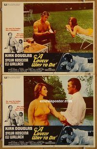 e167 LOVELY WAY TO DIE 2 vintage movie lobby cards '68 Kirk Douglas, Koscina