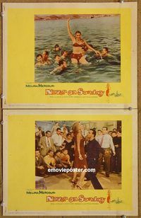 e181 NEVER ON SUNDAY 2 vintage movie lobby cards '60 Melinda Mercouri