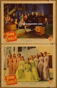 e184 NINE GIRLS 2 vintage movie lobby cards '44 Keyes, sorority murder!