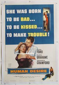 p436 HUMAN DESIRE linen one-sheet movie poster '54 Fritz Lang, film noir!