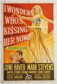 p439 I WONDER WHO'S KISSING HER NOW linen one-sheet movie poster '47 Haver