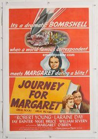 p453 JOURNEY FOR MARGARET linen one-sheet movie poster '42 Margaret O'Brien