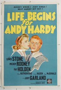 p467 LIFE BEGINS FOR ANDY HARDY style D linen one-sheet movie poster '41