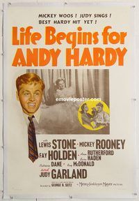 p466 LIFE BEGINS FOR ANDY HARDY style C linen one-sheet movie poster '41