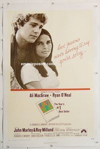 p472 LOVE STORY linen one-sheet movie poster '70 Ali MacGraw, Ryan O'Neal