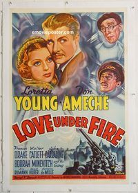 p473 LOVE UNDER FIRE linen one-sheet movie poster '37 Loretta Young, Ameche