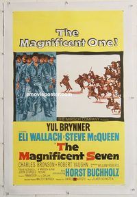 p475 MAGNIFICENT SEVEN linen one-sheet movie poster '60 Brynner, McQueen