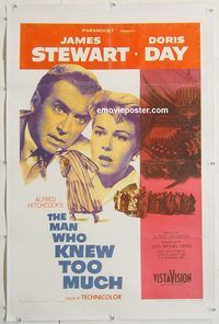 p477 MAN WHO KNEW TOO MUCH linen one-sheet movie poster '56 Jimmy Stewart