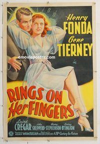 p531 RINGS ON HER FINGERS linen one-sheet movie poster '42 Gene Tierney