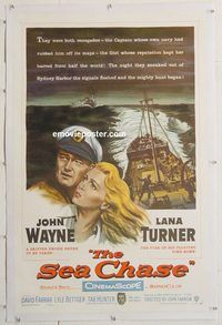 p538 SEA CHASE linen one-sheet movie poster '55 John Wayne, Lana Turner