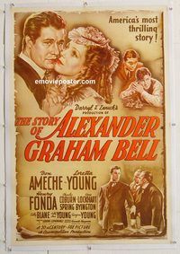 p563 STORY OF ALEXANDER GRAHAM BELL linen one-sheet movie poster '39 Ameche