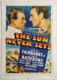 p567 SUN NEVER SETS linen one-sheet movie poster '39 Fairbanks, Rathbone