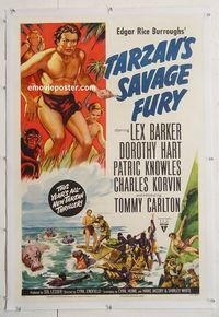 p574 TARZAN'S SAVAGE FURY linen one-sheet movie poster '52 Lex Barker