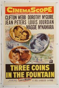 p579 THREE COINS IN THE FOUNTAIN linen one-sheet movie poster '54 Webb