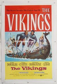 p607 VIKINGS linen one-sheet movie poster '58 Kirk Douglas, Tony Curtis