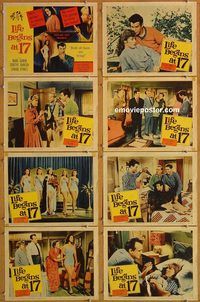 b069 LIFE BEGINS AT 17 8 movie lobby cards '58 teen sex & love!