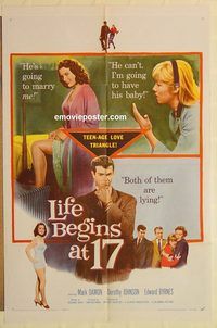 a769 LIFE BEGINS AT 17 one-sheet movie poster '58 teen sex & love!