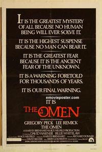 k737 OMEN style E one-sheet movie poster '76 Gregory Peck, Lee Remick