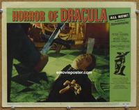 h385 HORROR OF DRACULA movie lobby card #7 '58 stopped by crucifix!