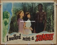 h402 I WALKED WITH A ZOMBIE #2 movie lobby card '43 meeting the zombie!