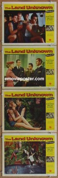 h588 LAND UNKNOWN 4 movie lobby cards '57 Jock Mahoney, dinosaurs!