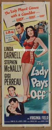 b351 LADY PAYS OFF insert movie poster '51 sexy Linda Darnell!