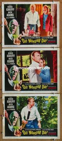 h428 DIE MONSTER DIE 3 movie lobby cards '65 Boris Karloff, AIP horror!