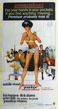 e459 PENELOPE three-sheet movie poster '66 sexy artwork of Natalie Wood!