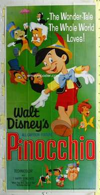 e465 PINOCCHIO three-sheet movie poster R62 Walt Disney classic!