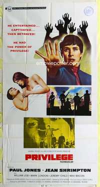 e482 PRIVILEGE three-sheet movie poster '67 Paul Jones, rock 'n' roll!