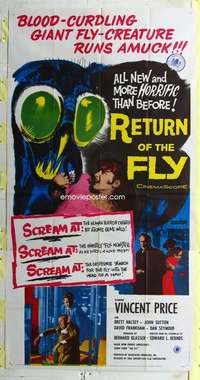 e495 RETURN OF THE FLY three-sheet movie poster '59 Vincent Price, sci-fi!