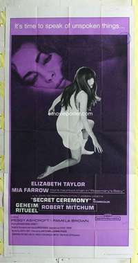 e511 SECRET CEREMONY three-sheet movie poster '68 Liz Taylor, Mia Farrow