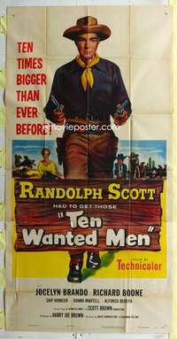 e554 TEN WANTED MEN three-sheet movie poster '54 Randolph Scott with guns!