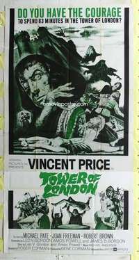 e567 TOWER OF LONDON three-sheet movie poster '62 Vincent Price, Corman