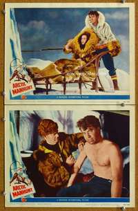 q835 ARCTIC MANHUNT 2 movie lobby cards '49 injecting Mikel Conrad!